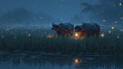 Two water buffalo stand in a field at night illuminated by fireflies and a lantern light source