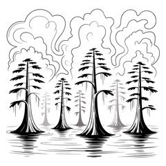 Stylish cypress trees rise majestically from the tranquil swamp waters in artistic monochrome design