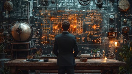 Businessman analyzing complex market variables and equations in a vintage industrial setting