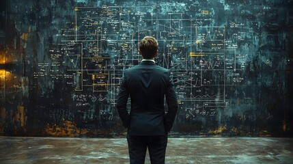 Businessman gazes at complex strategy diagram on a dark textured wall symbolizing analytical problem solving
