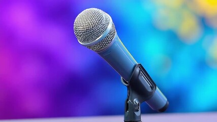 Blue microphone on a stand, perched on a purple surface against a colorful blurred background. - Powered by Adobe