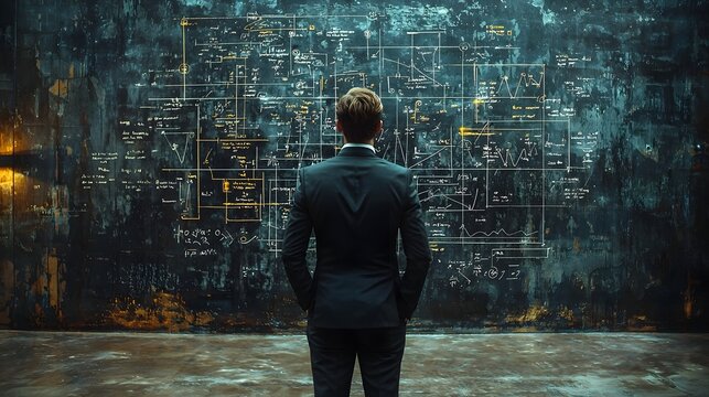 Businessman gazes at complex strategy diagram on a dark textured wall symbolizing analytical problem solving
