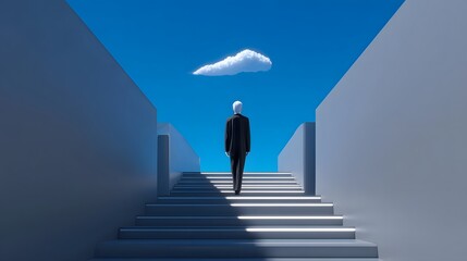A businessman in a suit climbing up a staircase towards a solitary cloud in a minimalist, abstract architectural setting