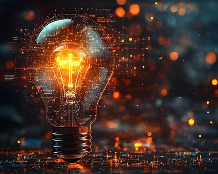 A luminous digital lightbulb glowing with data and circuits representing technological innovation data insights and revolutionary ideas
