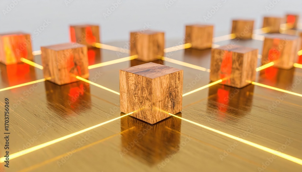 Poster a visually striking arrangement of wooden cubes connected by glowing lines on a reflective surface, 