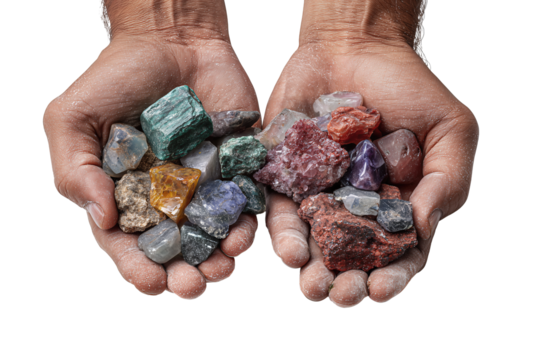 Pair of hands cupping rough and polished gemstones together, showing textured dusty surfaces and vibrant fragments, isolated on transparent background.
