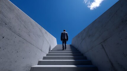A well-dressed businessman walks up a set of concrete stairs, framed by a clear blue sky, symbolizing ambition, determination, and the pursuit of career advancement.