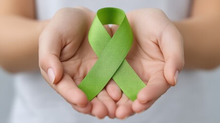 Hands holding a green awareness ribbon symbolizing support, hope, and encouragement for various causes including mental health and environmental issues