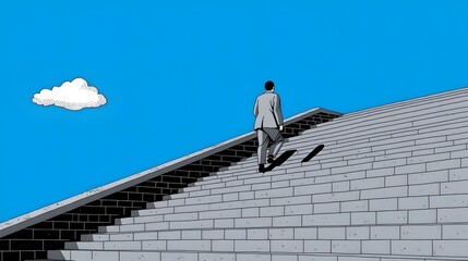 Resolute businessman ascending a stairway on a building, determined to achieve his professional ambitions and reach the top