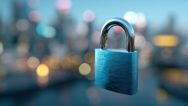 A metallic lock against a blurred cityscape background