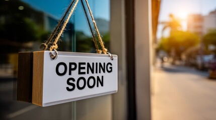 Modern opening soon sign with clean black letters on white board hanging outside glass storefront