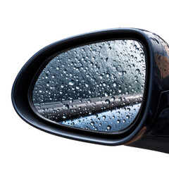 Raindrops on car side mirror during a rainy day in the city