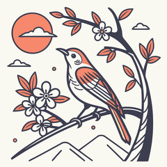 Serene nature illustration of a songbird perched on a blooming spring branch, a minimalist line art landscape with sun and mountains