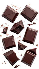 Dark chocolate squares, broken and falling, with cocoa nibs
