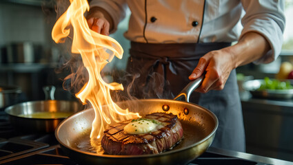 Chef in white uniform flamb&eacute;ing juicy steak topped with butter in a hot pan, with high flame and steam rising, creating dynamic and flavorful atmosphere in a professional restaurant kitchen