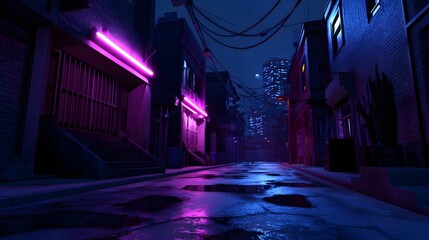 A moody, atmospheric image of a dimly lit city street at night, with vibrant neon lights casting a mysterious glow over the alleyway and surrounding buildings.