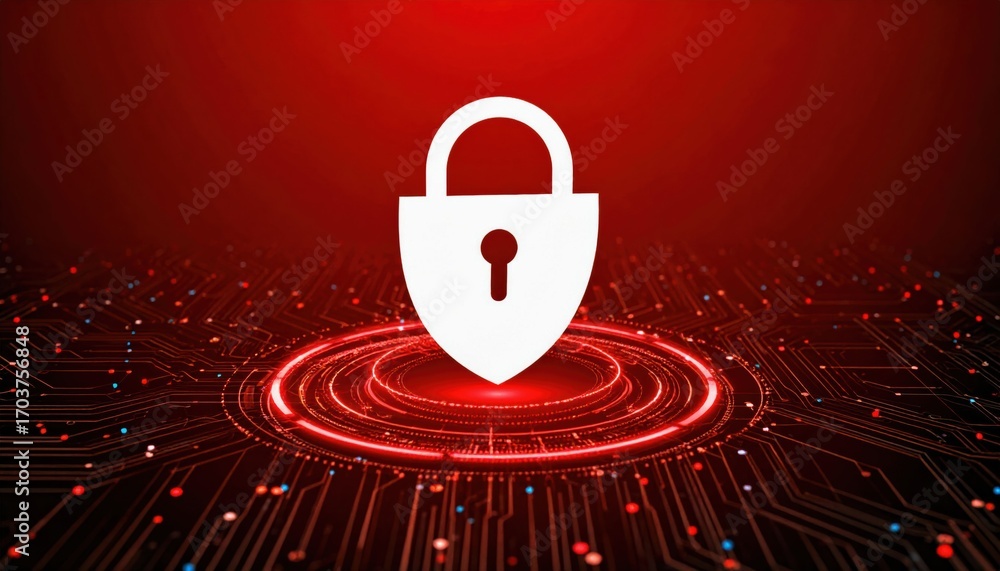 Poster a digital illustration of a padlock symbol on a circuit board background, representing cybersecurity