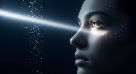 Futuristic profile portrait for sci-fi book covers, AI-themed designs, or technology presentations. Woman with glowing eyes embodying innovation and future concepts.