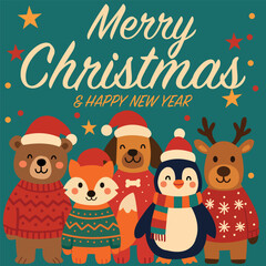 Cute Animal Characters in Holiday Attire Celebrating Merry Christmas and Happy New Year