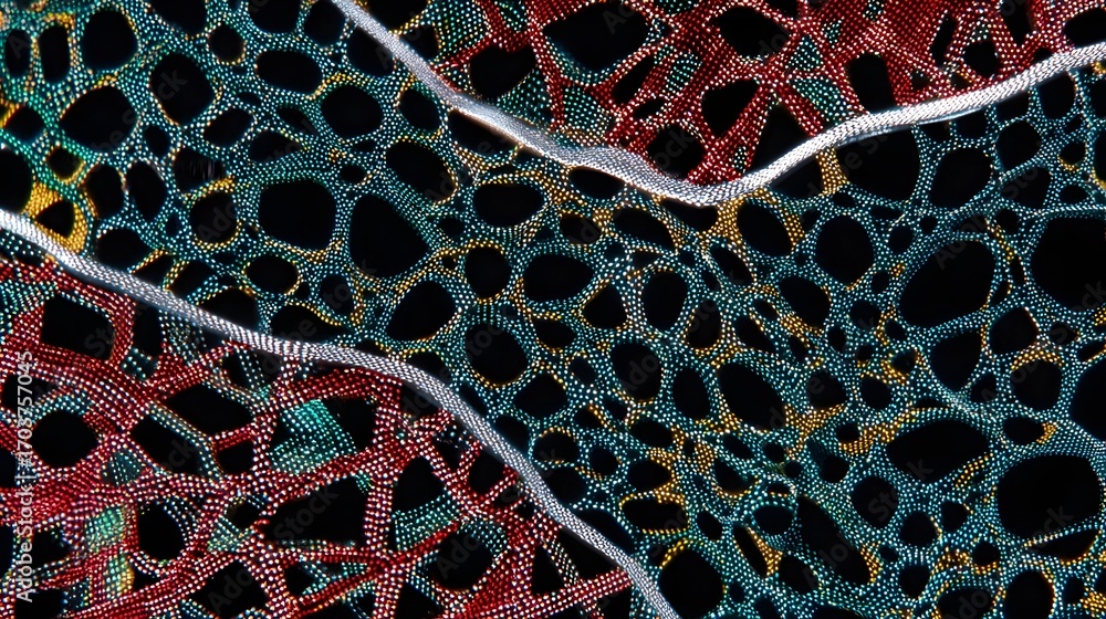 Poster a visually striking abstract composition featuring a dynamic, interconnected pattern of vibrant colo
