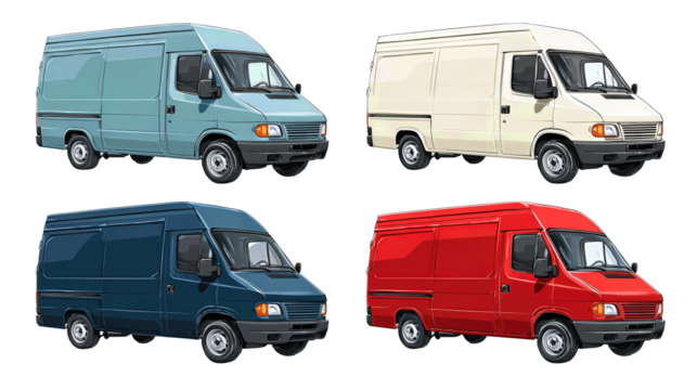 Set of four flat delivery vans in light blue, white, navy, and red, front-right view with consistent wheelbase and clean shading, evenly spaced, isolated on transparent background.