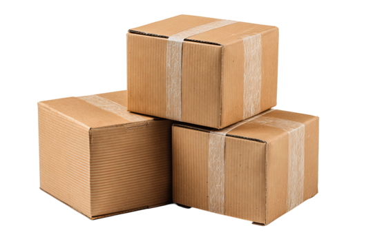 Stack of kraft cardboard parcels, visible tape and natural fiber details, arranged with offset top box, isolated on transparent background.
