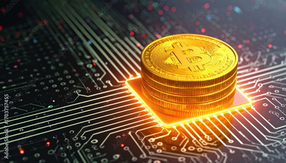 Poster a glowing stack of bitcoin coins sits on a circuit board, symbolizing the intersection of digital cu