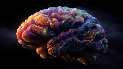 Vibrant, abstract representation of a brain, with colorful, textured lines