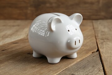 White piggy bank on wooden planks