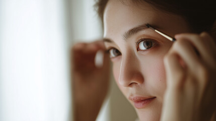 Fototapeta premium Close-up of beautiful japanese woman in her 20's shaping eyebrows with small brush