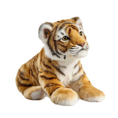 Obraz premium Tiger cub figurine styled like a plush toy, seated with tilted head, amber and sienna striped coat, shiny hazel eyes, isolated on transparent background. 
