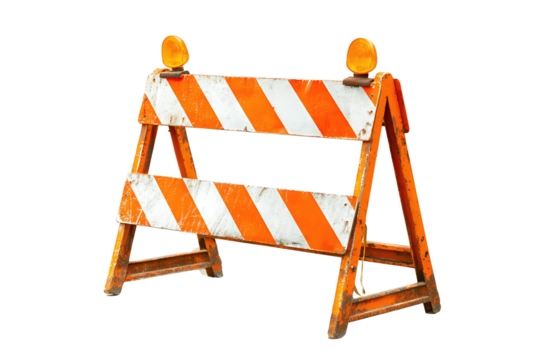 Roadworks A-frame barrier featuring diagonal orange-white stripes and twin amber beacons, sturdy steel legs with worn finish, isolated on transparent background.
