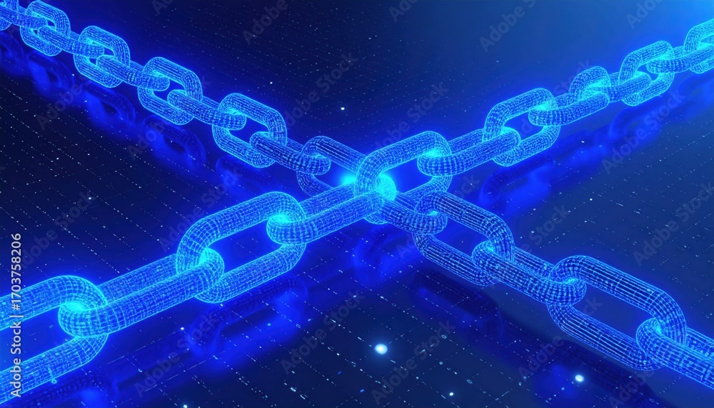 Poster a digital representation of interconnected chains highlighting blockchain technology in a futuristic