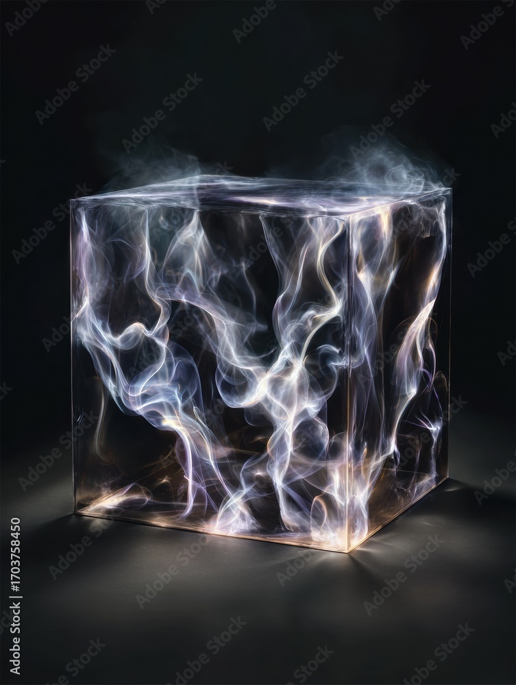 Poster mystical cube emanating swirling vapor patterns illuminated by soft light in a dark space