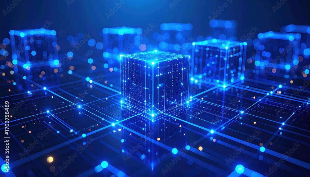 Poster a futuristic digital landscape featuring glowing blue cubes interconnected by luminous lines, repres