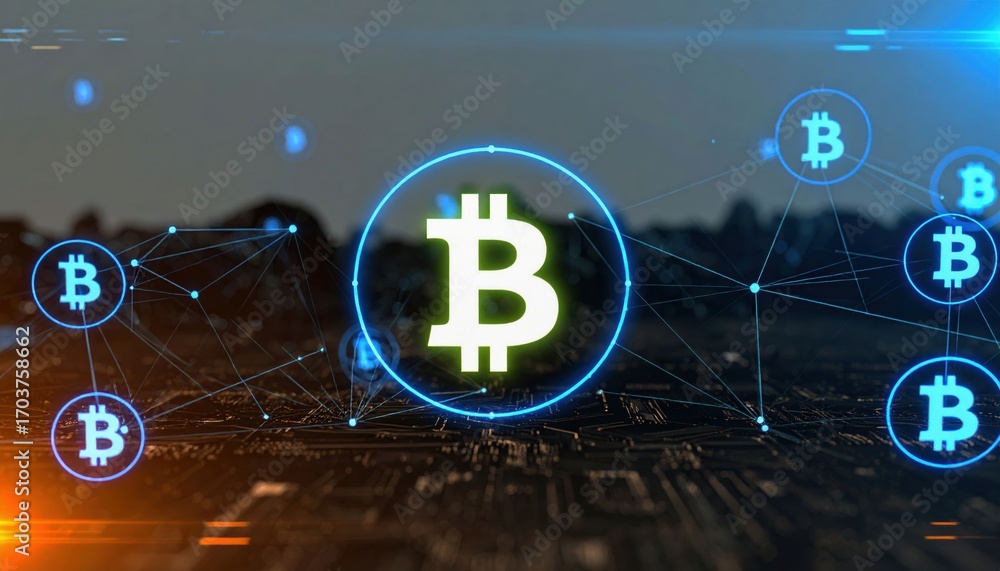 Poster a digital representation of bitcoin's blockchain technology with interconnected nodes and the iconic