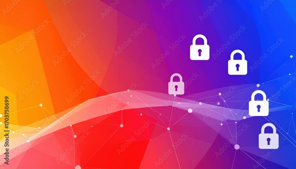 Poster a vibrant abstract background featuring colorful waves and digital padlock icons, symbolizing cybers
