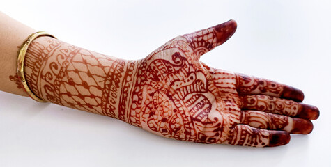 Beautiful Indian female hands with henna tattoo isolated on white