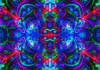 Vibrant kaleidoscopic display of swirling, luminous, neon elements