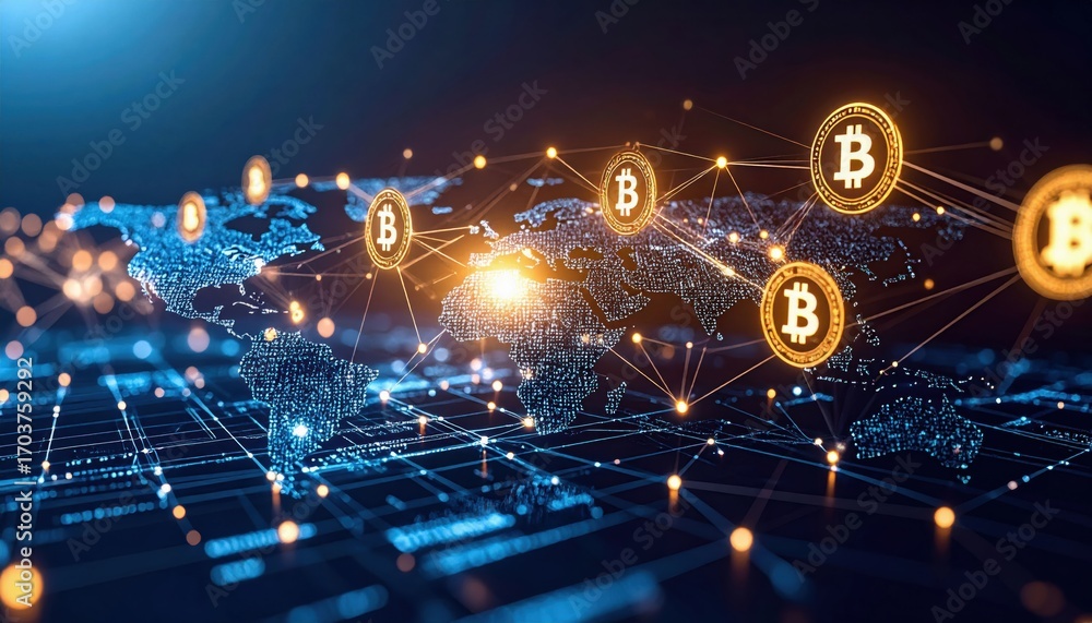 Poster a digital representation of global bitcoin connectivity, showcasing a network of cryptocurrencies wi
