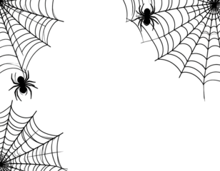 Black background with a spider web graphic.  Spiderweb design at the four corners,  with glittery effect