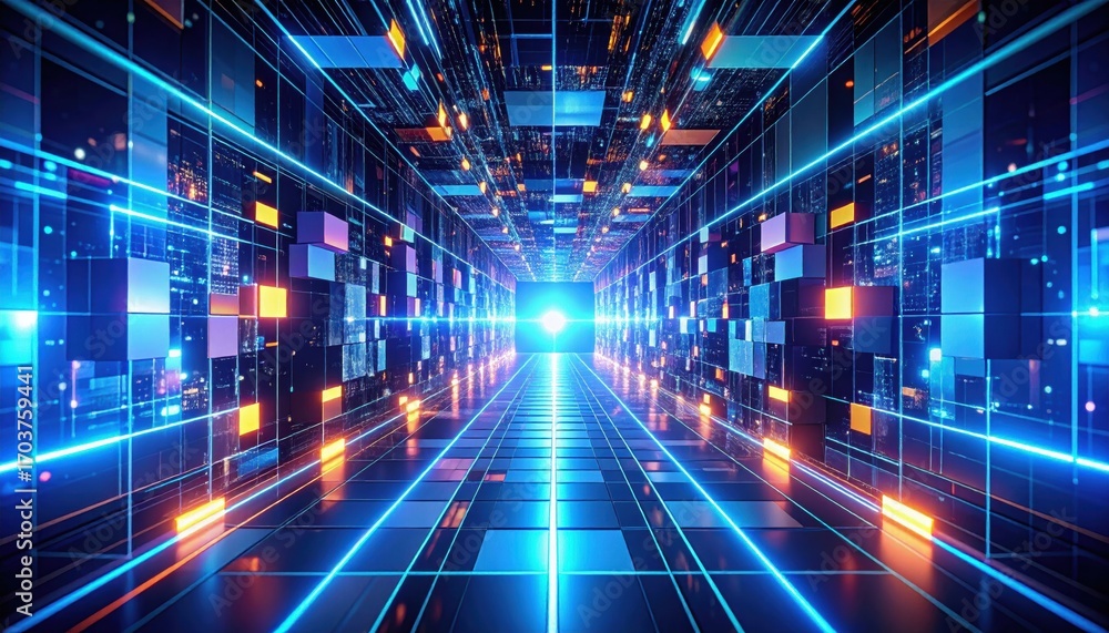 Poster a futuristic digital tunnel filled with vibrant lights and geometric patterns, creating a sense of d
