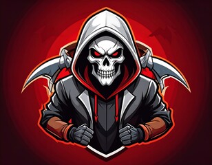 Grim reaper character with scythe and red eyes for halloween or gaming