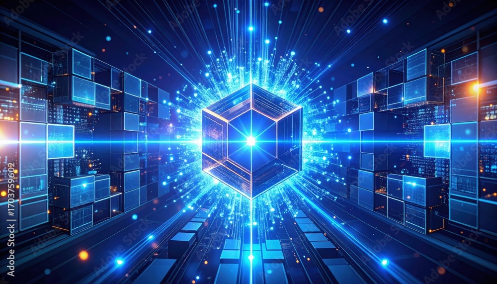 Poster a futuristic digital design featuring a glowing blue cube surrounded by radiant lines and geometric 