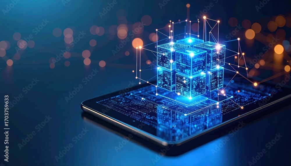Poster a glowing, digital cube rests on a tablet, surrounded by interconnected data points, symbolizing adv