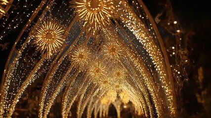 a tunnel of golden fairy lights with arching structures and starburst sun-shaped lights. - Powered by Adobe