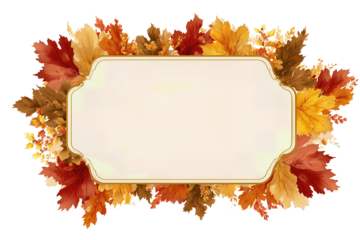 Decorative label design featuring fall foliage border of russet and golden leaves, cream panel with soft rounded edges, isolated on transparent background.

