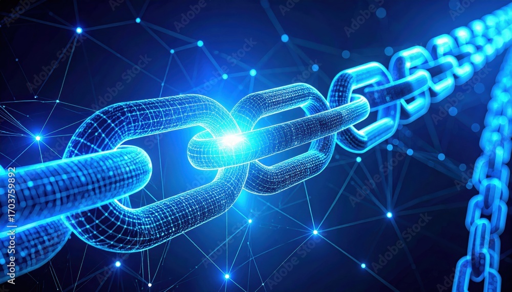 Poster a digital representation of interconnected chains, symbolizing blockchain technology, with glowing e
