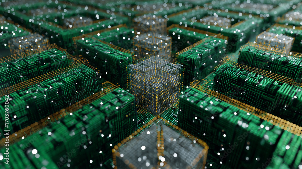 Poster a network of interconnected digital cubes forming a complex data structure a futuristic technologica