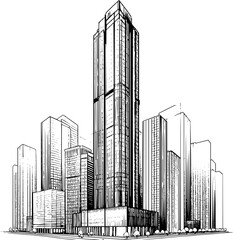 Obraz premium Black and white vector skyscraper tower, sleek architectural line art, minimalist outline design, isolated on white, modern scalable building illustration